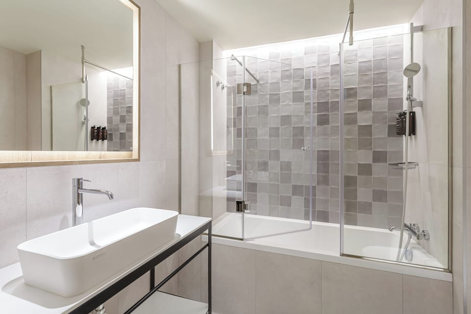 Eco-friendly toiletries, hair dryer, towels, soap