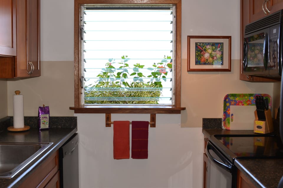 Oceanfront kitchen...enjoy fresh Kona brew with best  view ever. 
