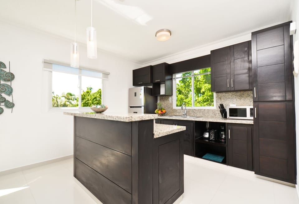 Penthouse Condo | Private kitchen | Full-size fridge, microwave, oven, stovetop