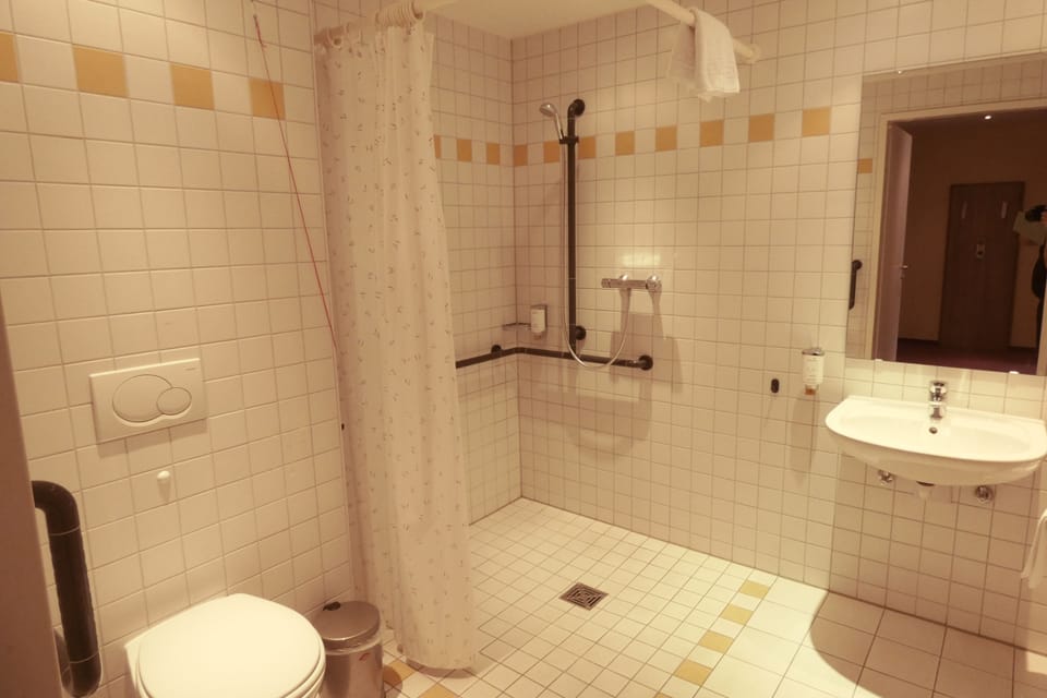 Shower, free toiletries, hair dryer, slippers