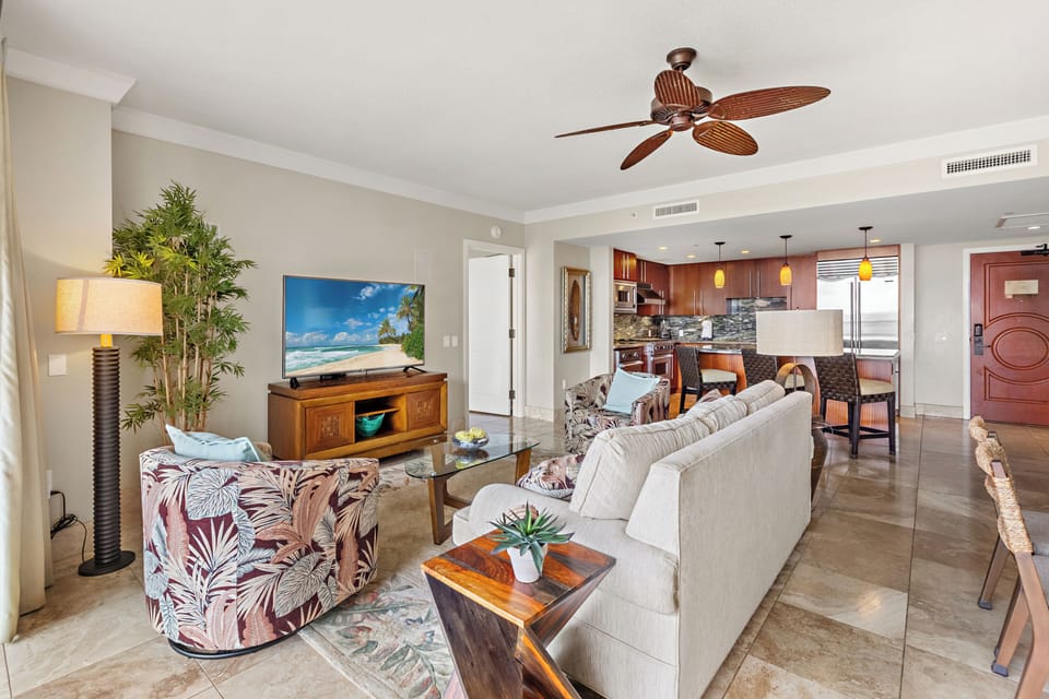 Living area with large, comfortable sofa sleeper.