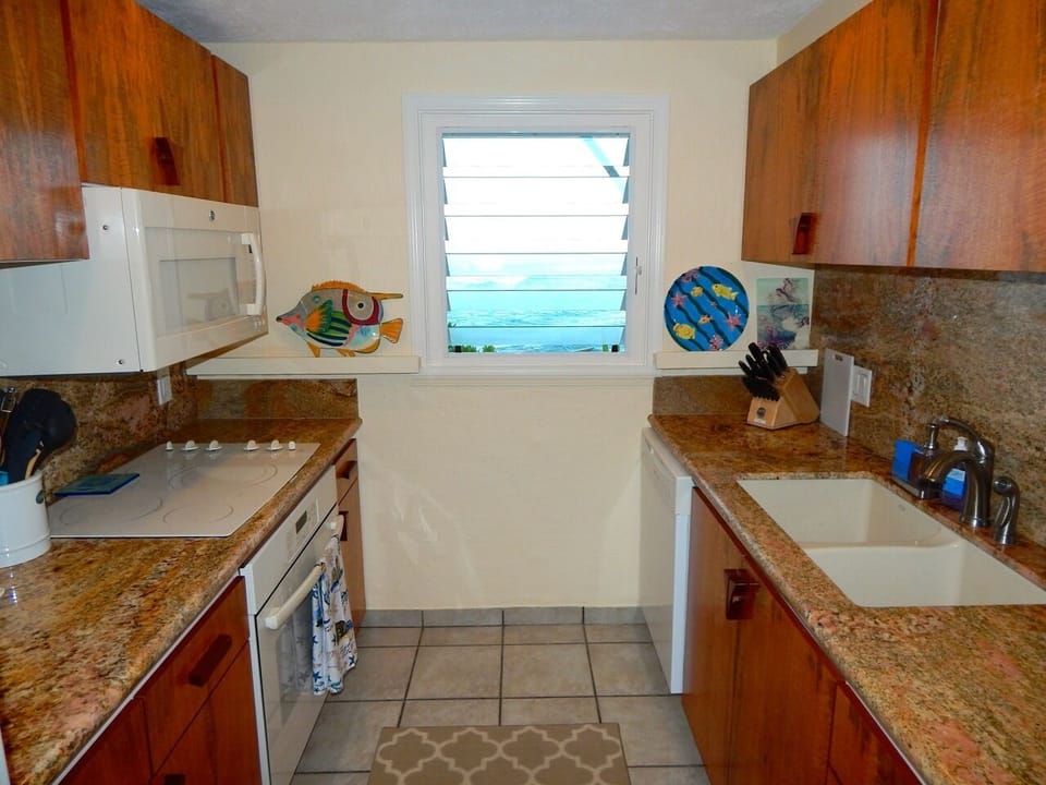 kitchen with ocean view- new mango cabinets & granite counters