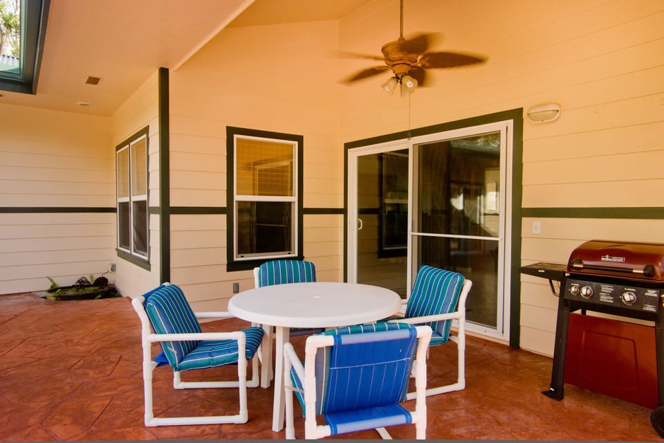 outdoor dining gas BBQ on lanai and charcoal grill by the pool