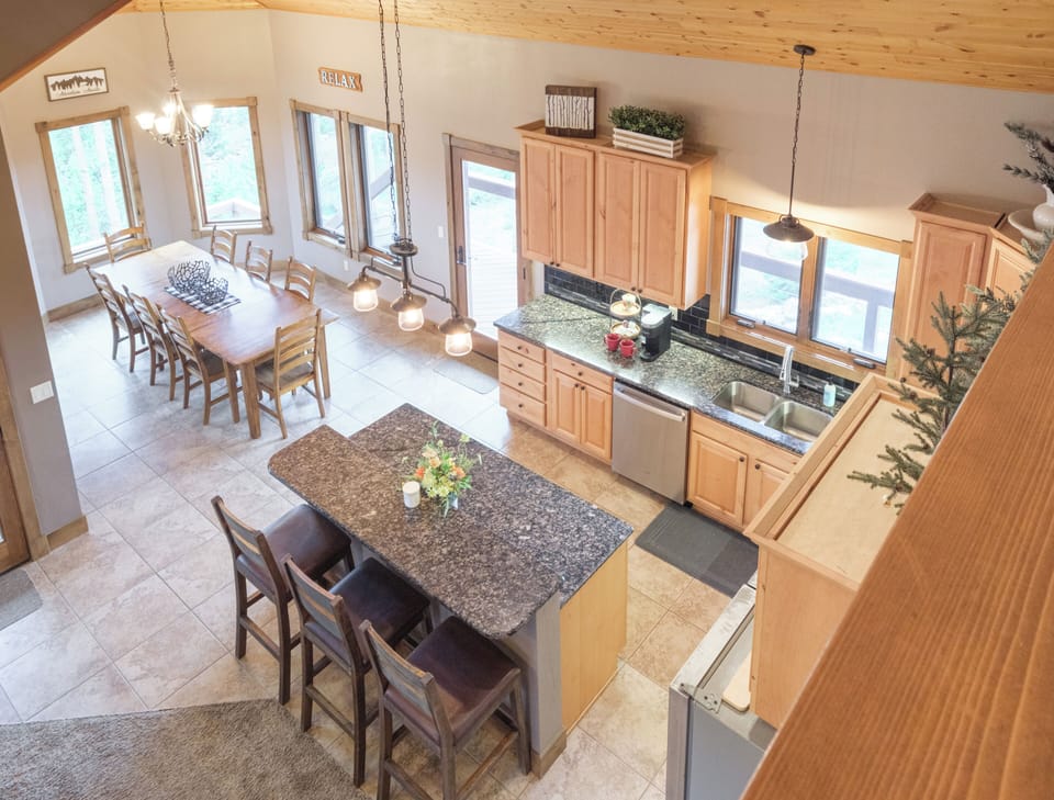 Large kitchen and dining area