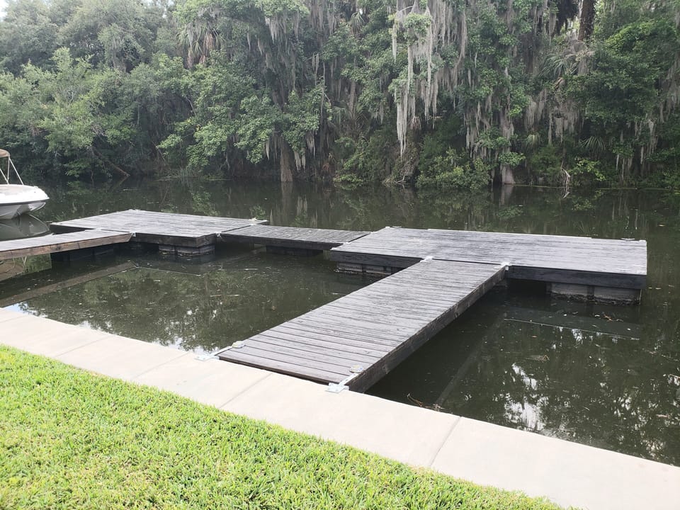 Two floating docks....can hold two boats ...the fixed deck/dock is to the right.