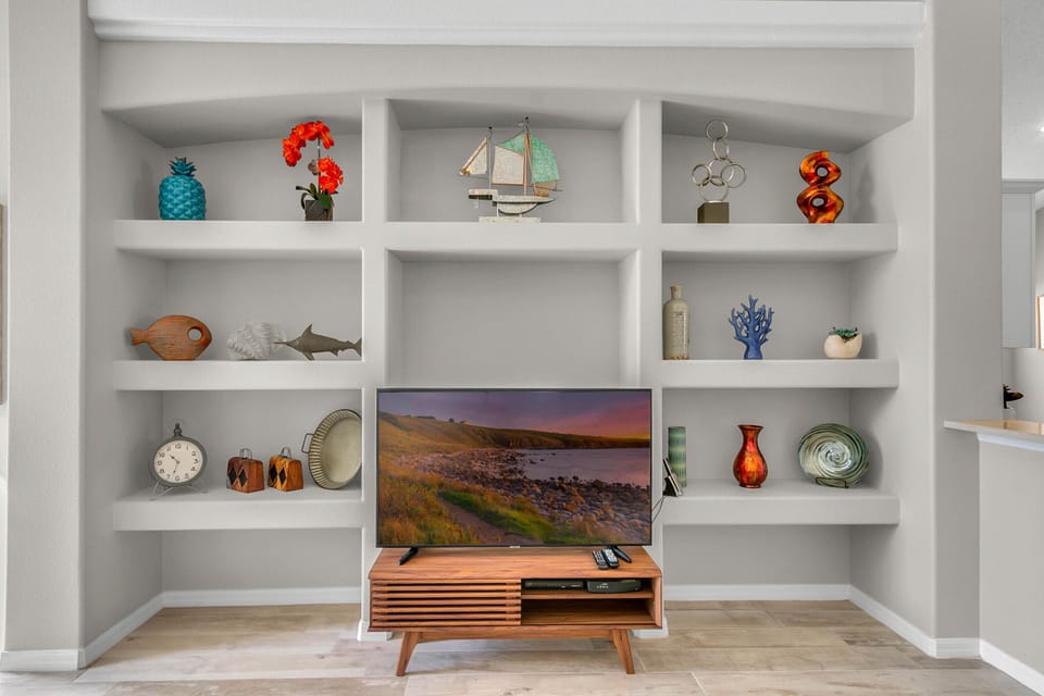 Family room display shelves
