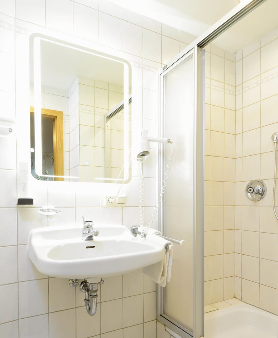 Shower, free toiletries, hair dryer, towels