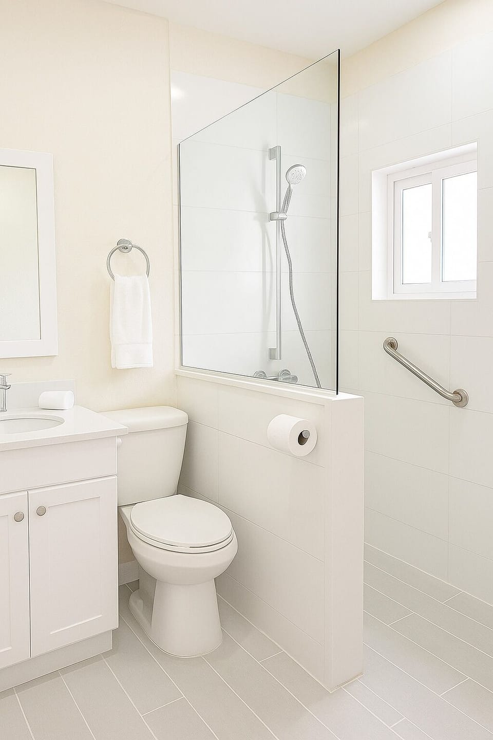 Single Room, 1 Queen Bed, Accessible | Bathroom | Towels, soap, toilet paper