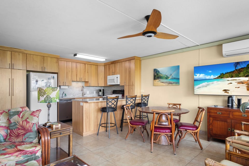Full size fridge, dishwasher, microwave, stove and oven. 