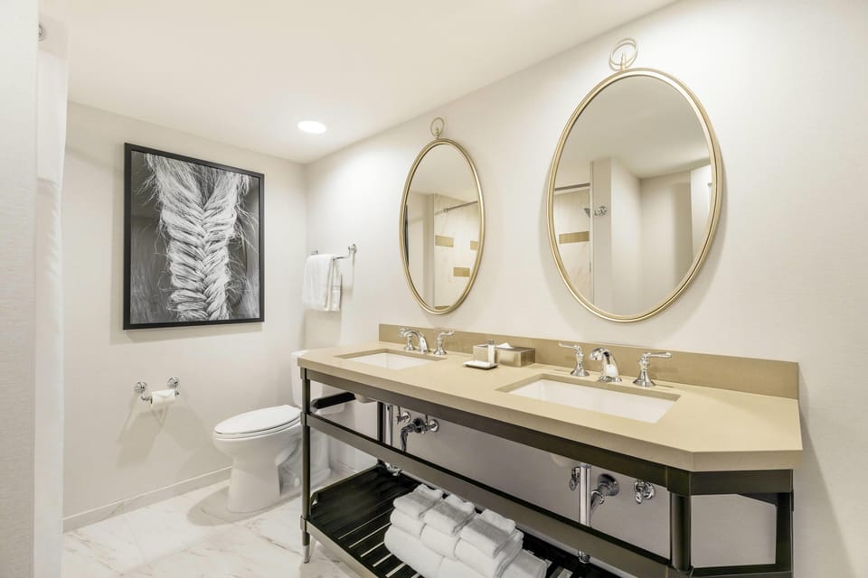 Combined shower/tub, free toiletries, hair dryer, towels