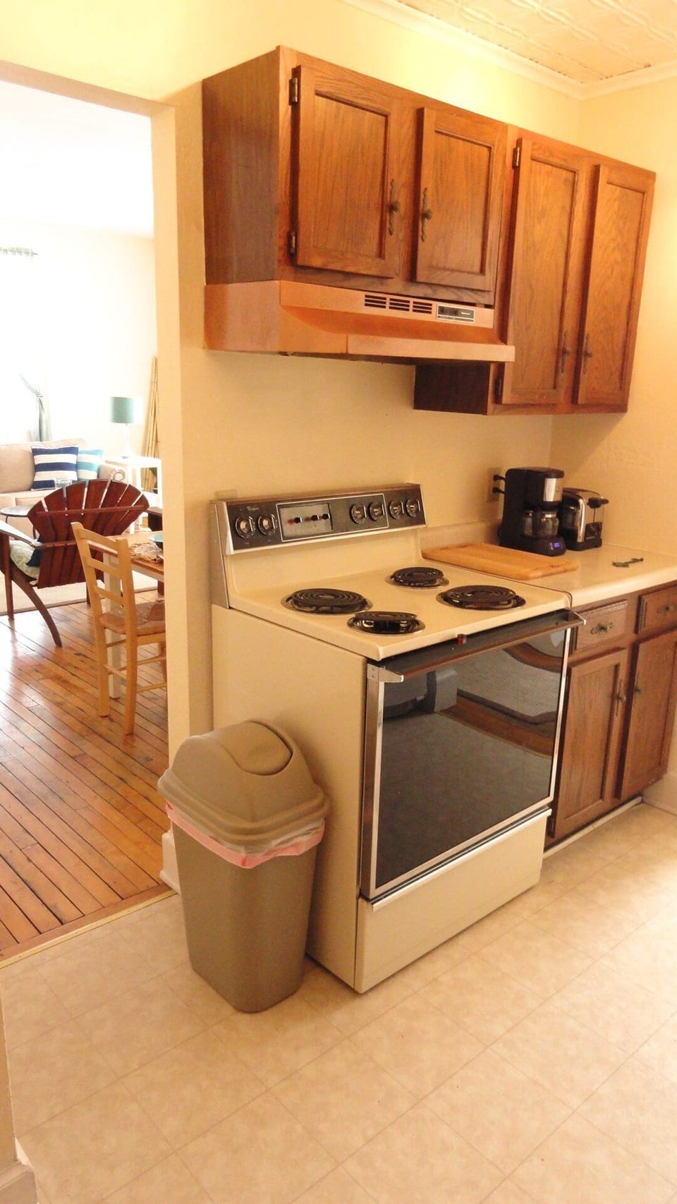 Retro full kitchen with range, coffee maker and toaster