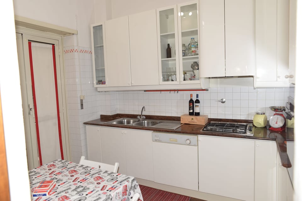 Fridge, microwave, dishwasher, cookware/dishes/utensils