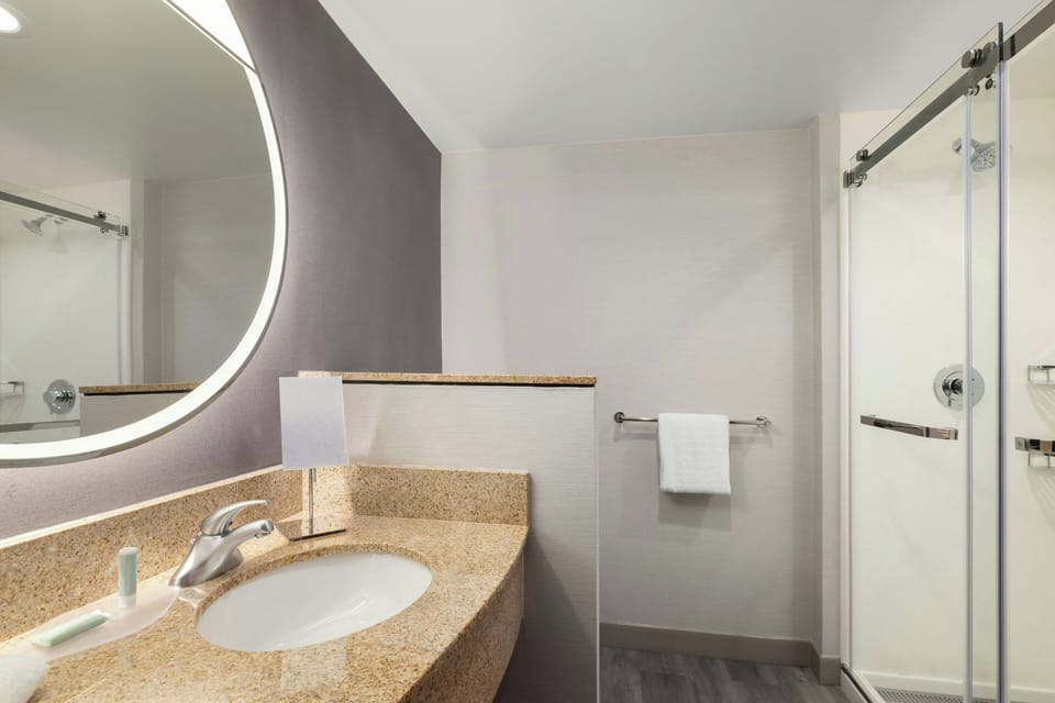 Combined shower/tub, free toiletries, hair dryer, towels