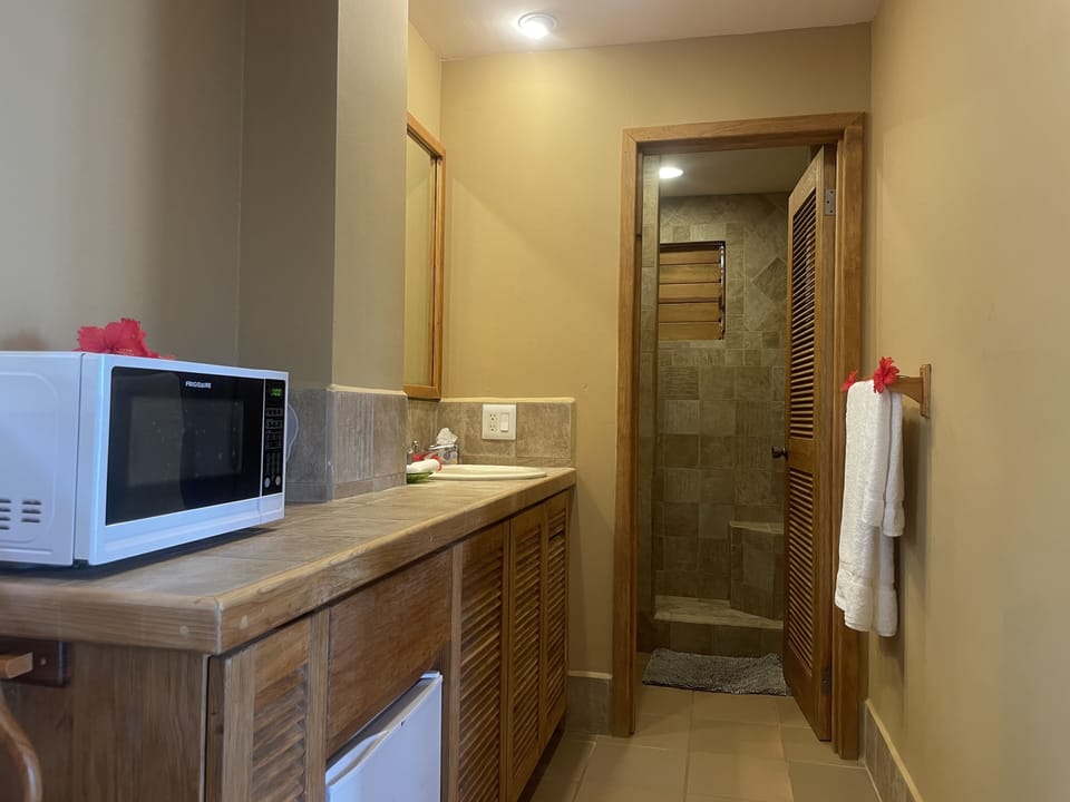 Shower, free toiletries, towels, soap