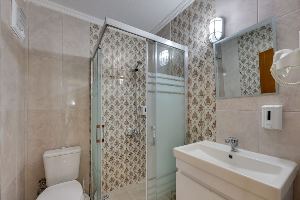 Shower, free toiletries, hair dryer, slippers
