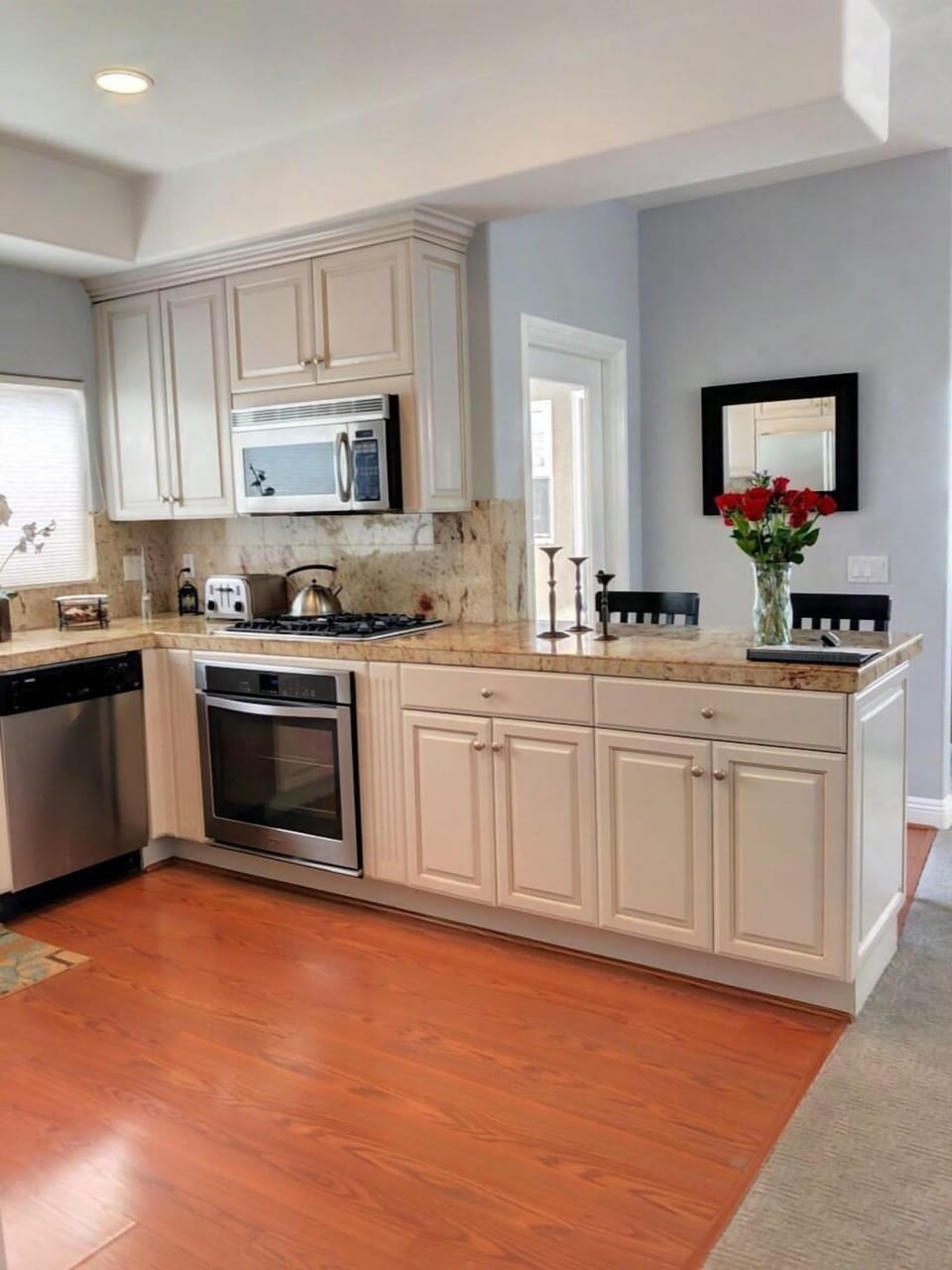 Kitchen View, stainless Steel appliances.