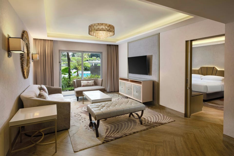 Junior Suite, 1 King Bed, Balcony | Living room | 37-inch LCD TV with cable channels, TV, fireplace