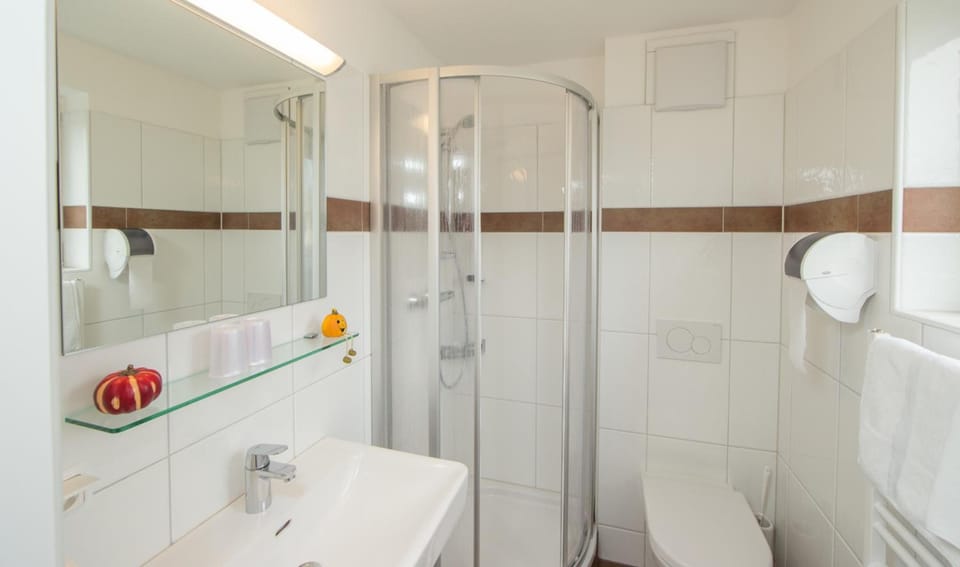 Shower, free toiletries, hair dryer, towels