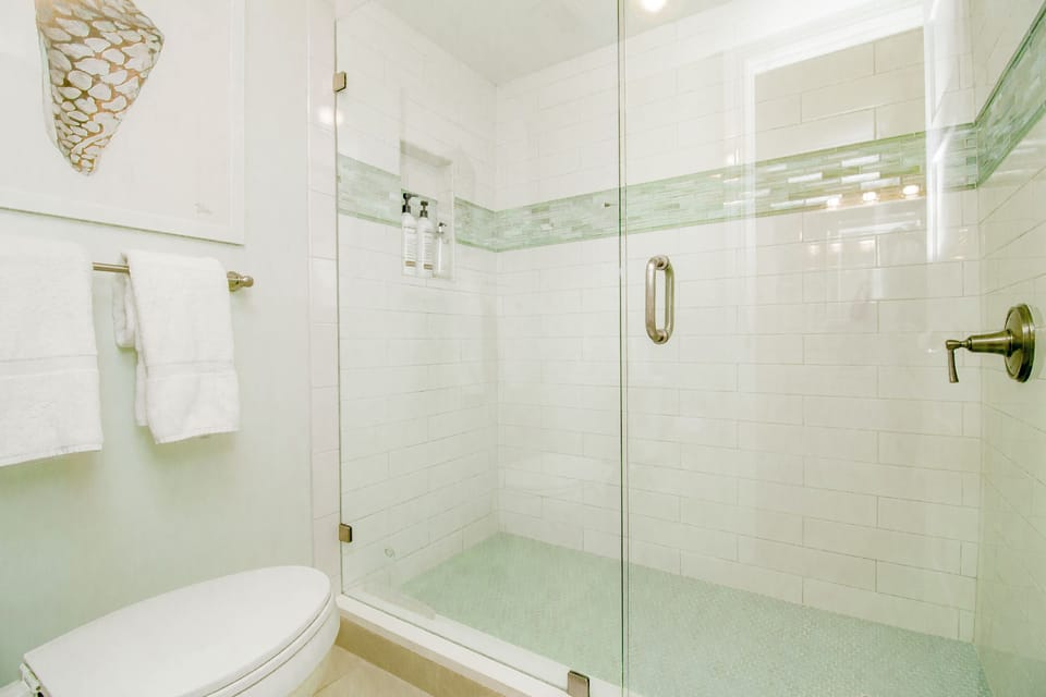 Extra large shower with Tommy Bahama sea glass tile.