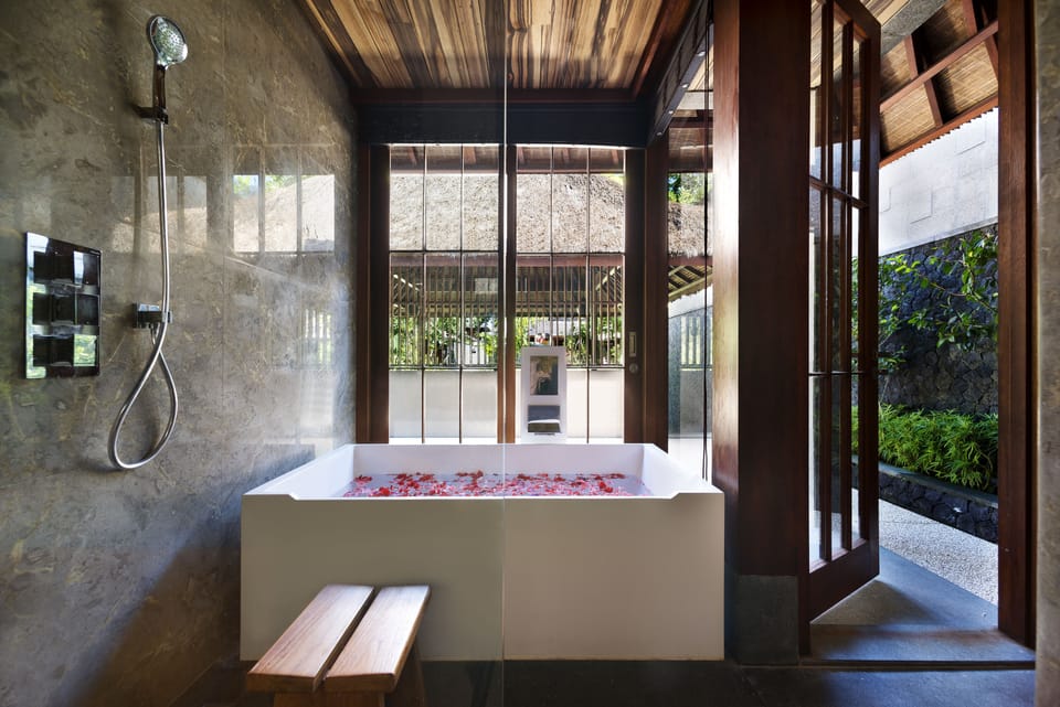 Soka (Garden Pool Villa, Maisonette) | Bathroom | Combined shower/tub, deep soaking tub, rainfall showerhead