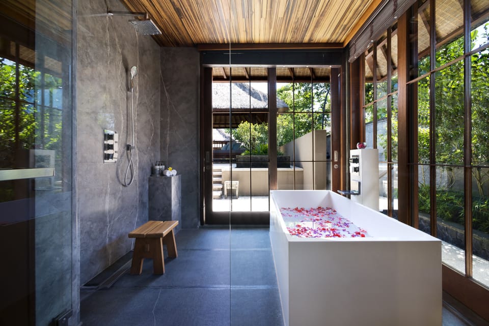 Bulan (Garden Pool Villa) | Bathroom | Combined shower/tub, deep soaking tub, rainfall showerhead