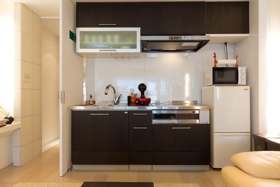 Fridge, microwave, stovetop, coffee/tea maker