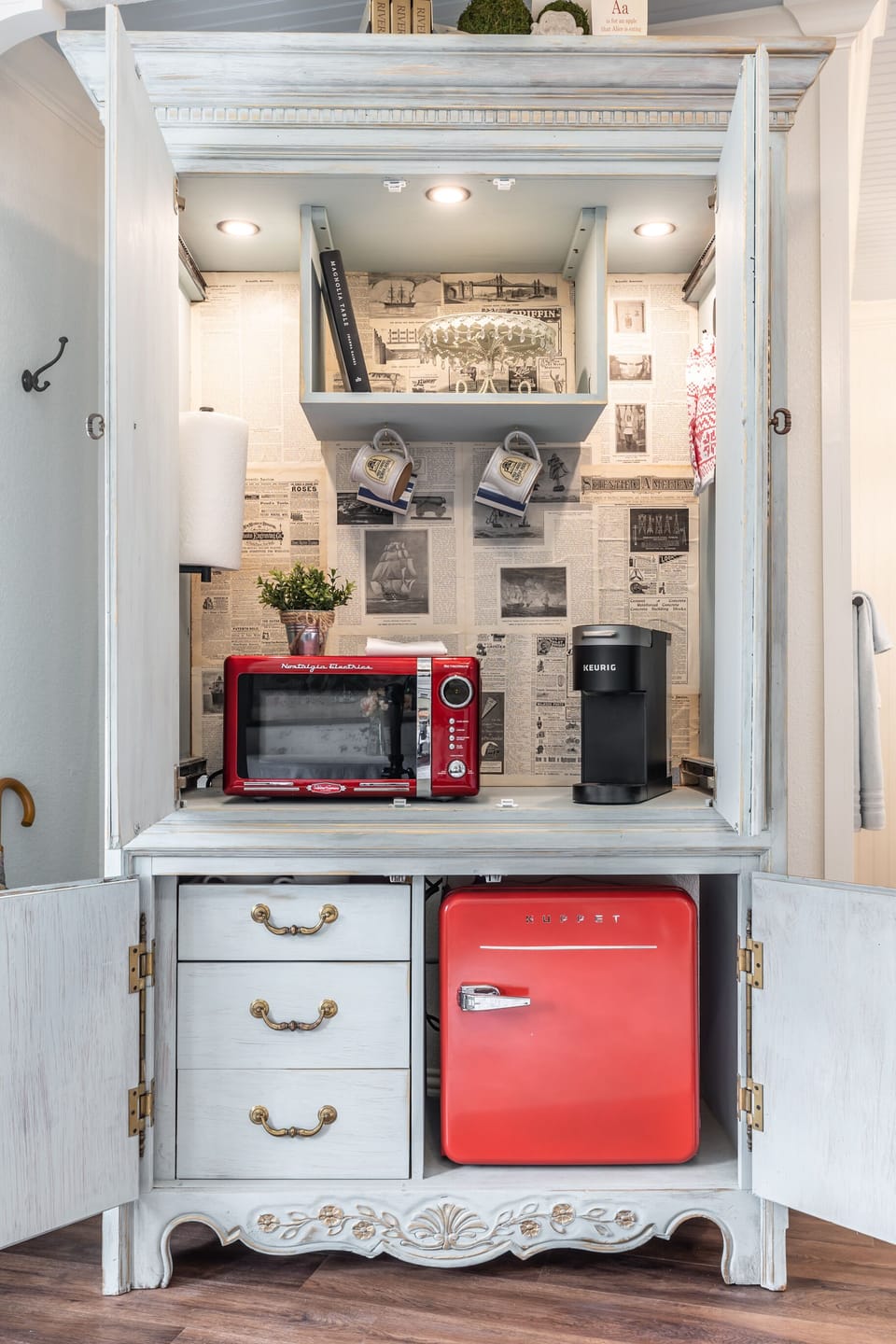 Mini-fridge, microwave, coffee/tea maker, cleaning supplies