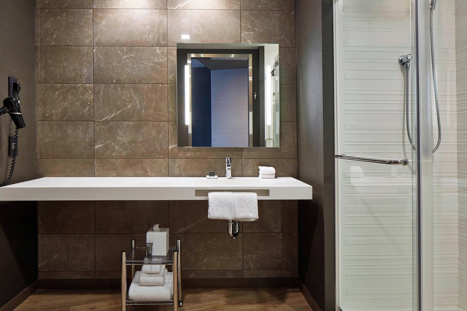 Shower, free toiletries, hair dryer, towels