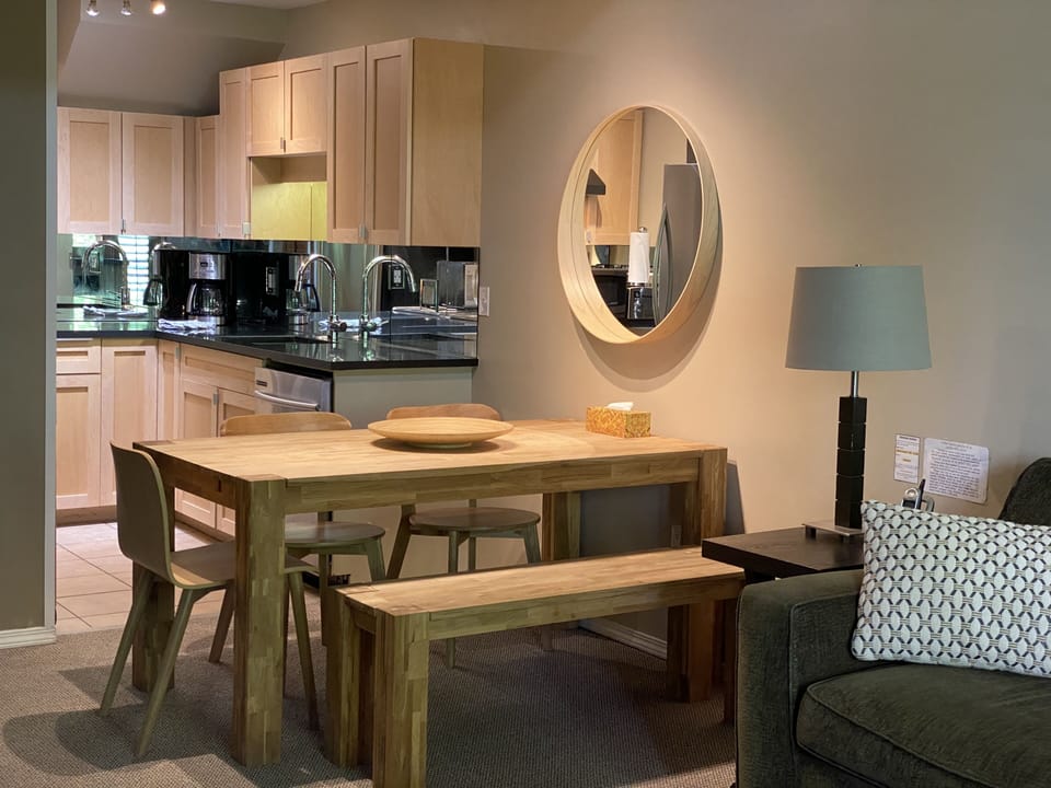 Expandable dining table and seating can accommodate up to 8 people.