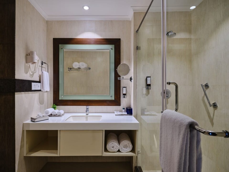 Shower, free toiletries, hair dryer, towels