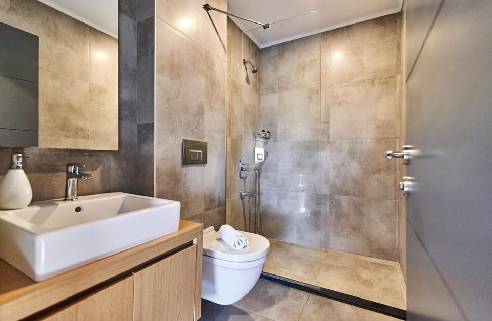 Shower, hair dryer, slippers, towels