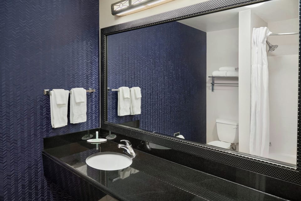 Combined shower/tub, free toiletries, hair dryer