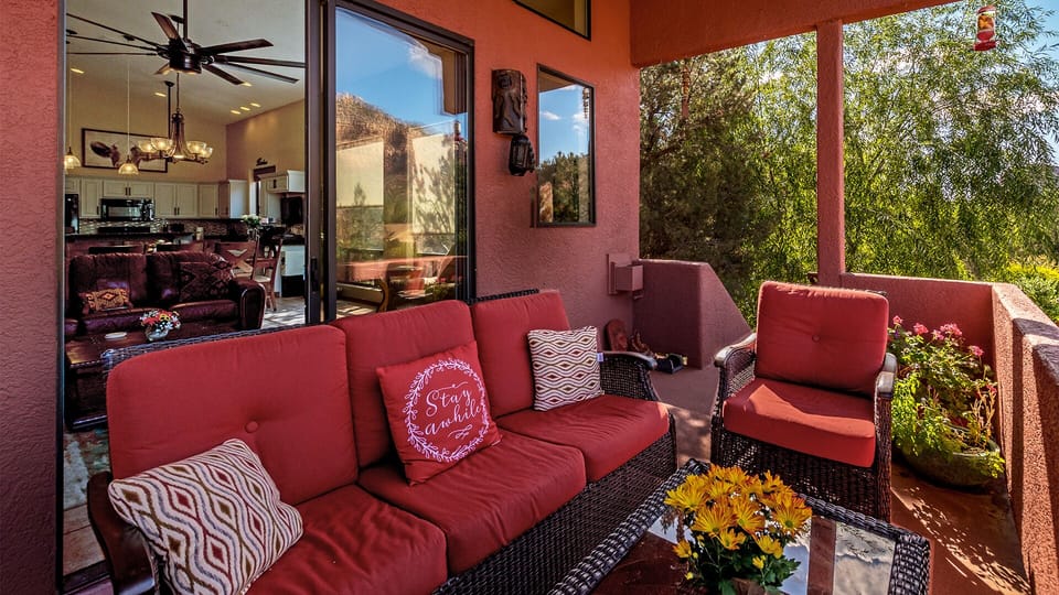 The balcony upstairs is a comfortable place to hang-out with coffee and tea.