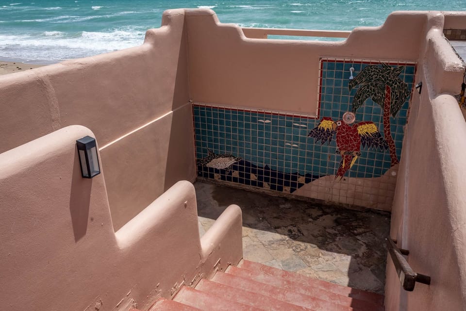 Steps to beach with shower (hot and cold water)