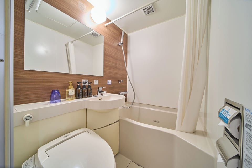 Combined shower/tub, free toiletries, hair dryer, slippers