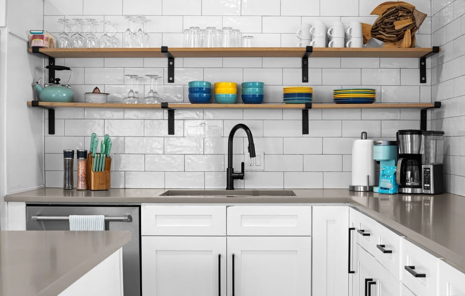 Open shelving makes it easy to find what you are looking for in the kitchen!