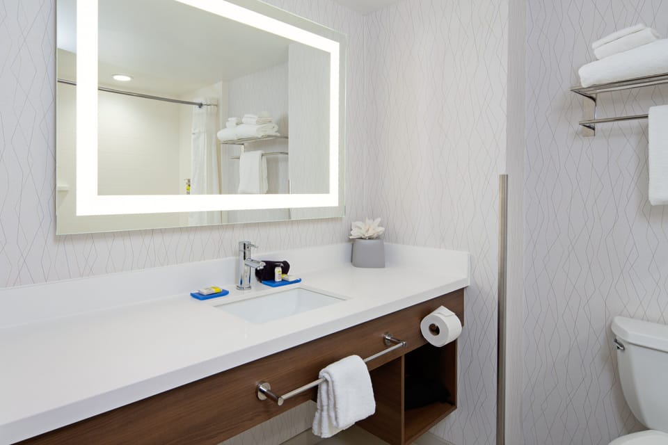 Combined shower/tub, free toiletries, hair dryer, towels