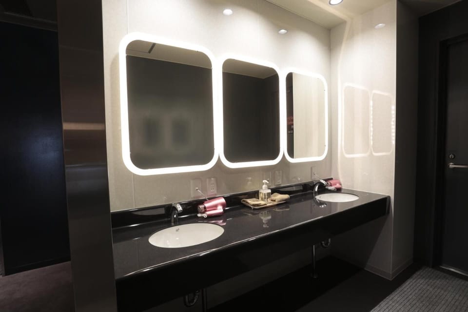 Separate tub and shower, hair dryer, slippers, towels