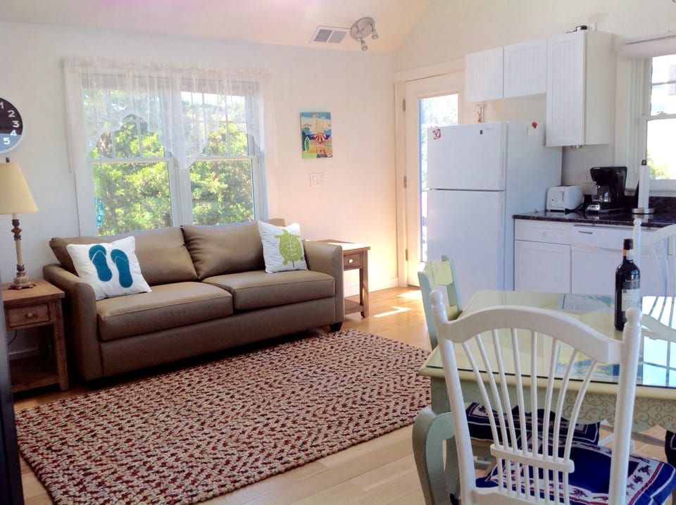 Kitchen living room view with Q size fold out couch. Sandy road hidden by roses