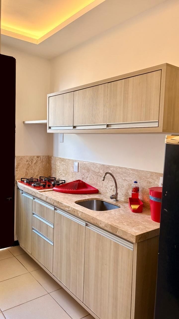 Fridge, cookware/dishes/utensils, cleaning supplies