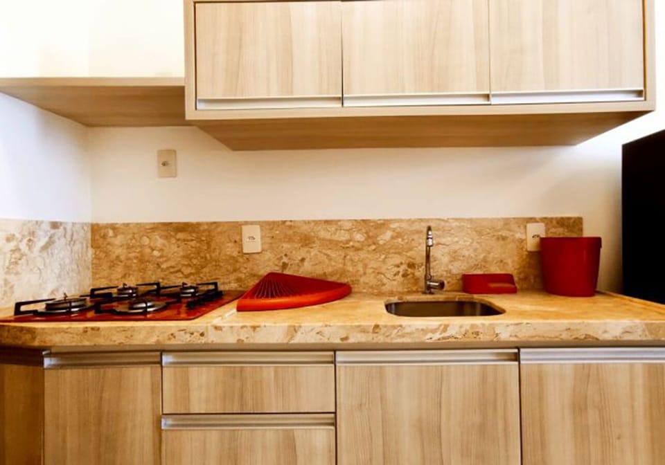 Fridge, cookware/dishes/utensils, cleaning supplies