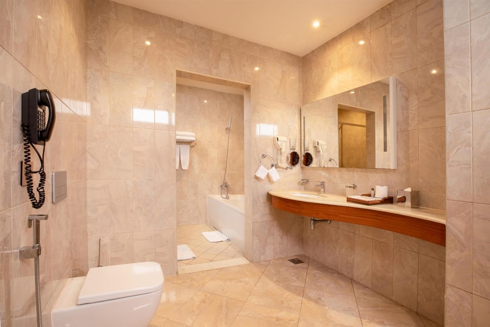 Eco-friendly toiletries, hair dryer, bathrobes, slippers