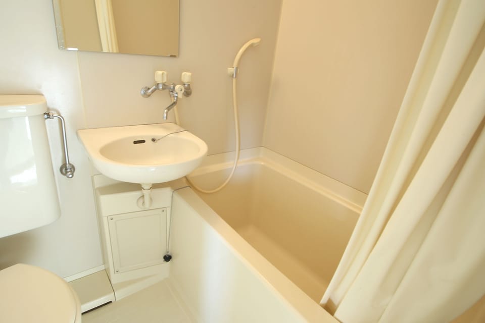 Combined shower/tub, free toiletries, hair dryer, slippers