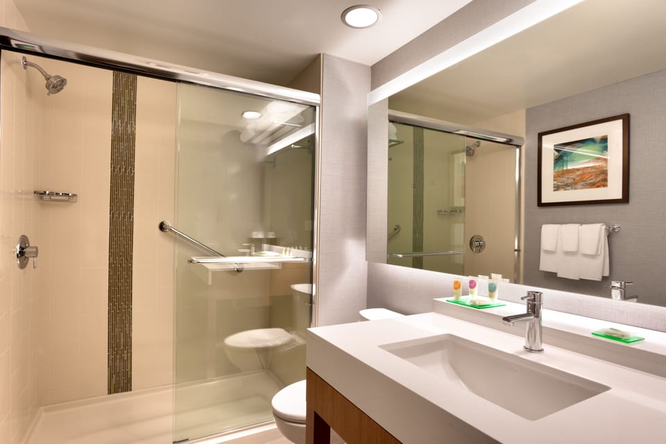 Combined shower/tub, hair dryer, towels