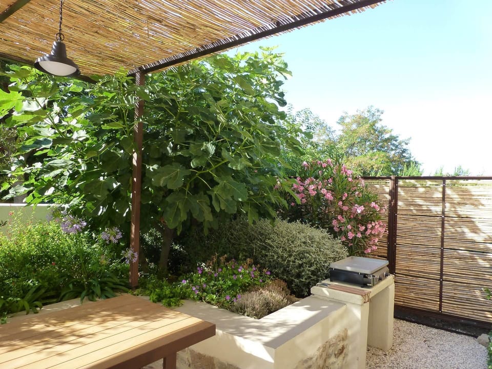 La terrasse devant la maison (avec plancha à votre disposition)