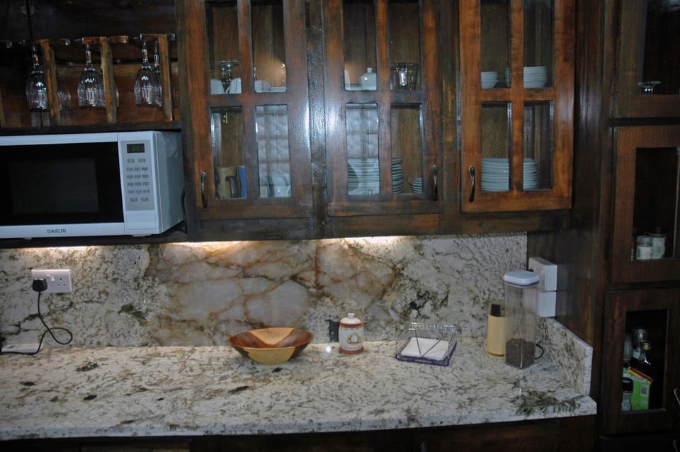 Contemporary kitchen features granite counters