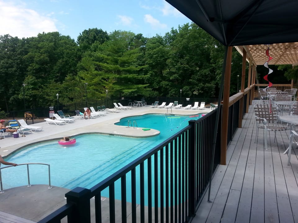 Large complex pool, ledge seats  to sit on to keep cool  