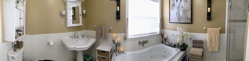 This large master suite bath offers a stand alone shower & jacuzzi tub. 