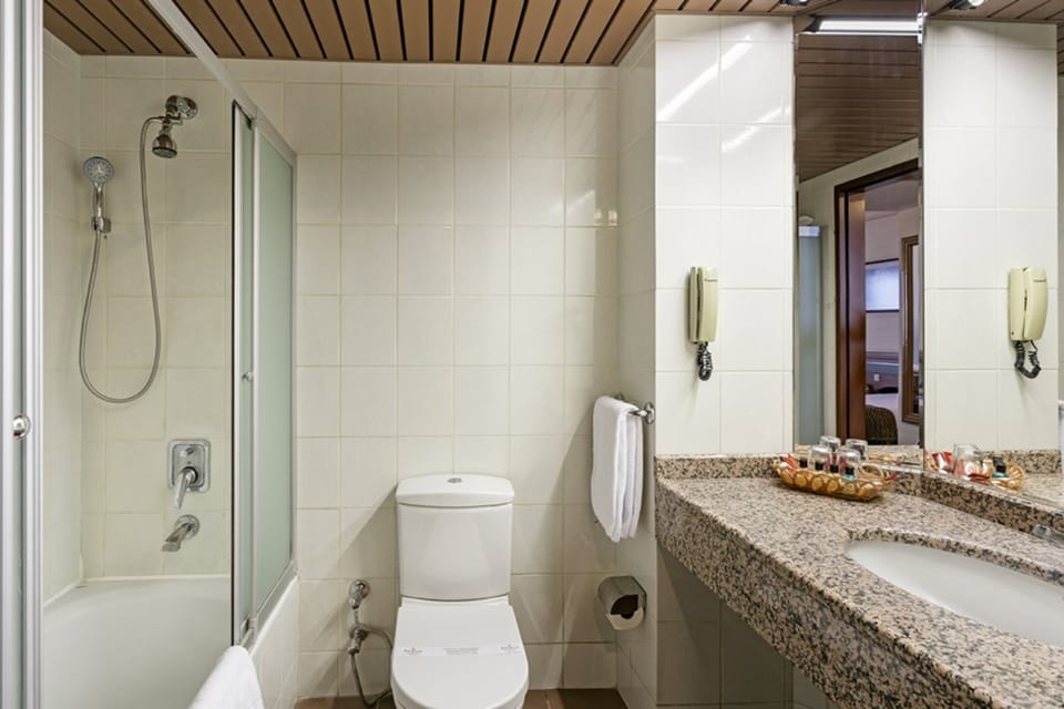 Shower, free toiletries, hair dryer, slippers