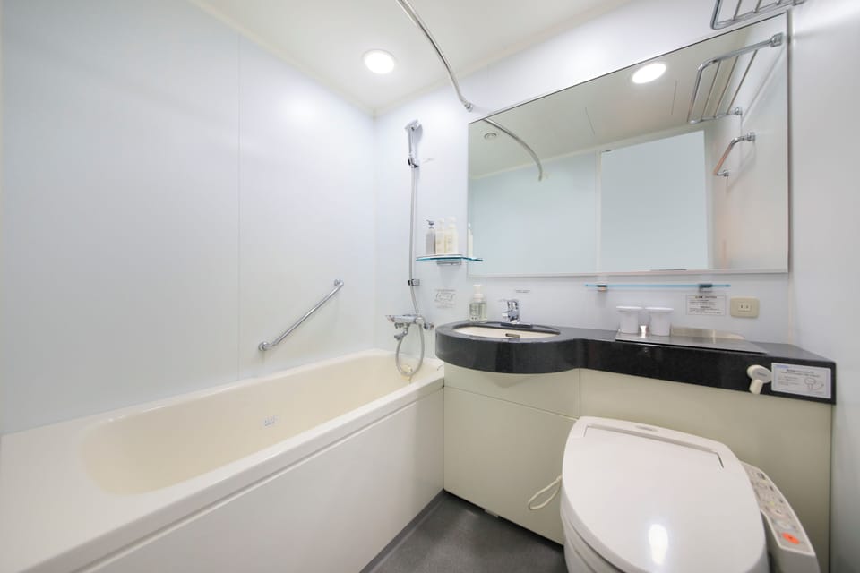 Combined shower/tub, free toiletries, hair dryer, slippers